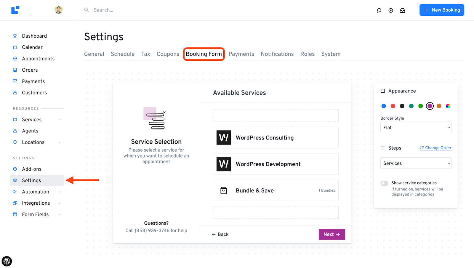 Booking Form settings